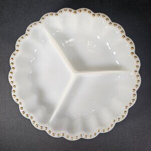 Fire King White Milk Glass Scalloped Edge Gold Raised Dot Accent Relish Dish